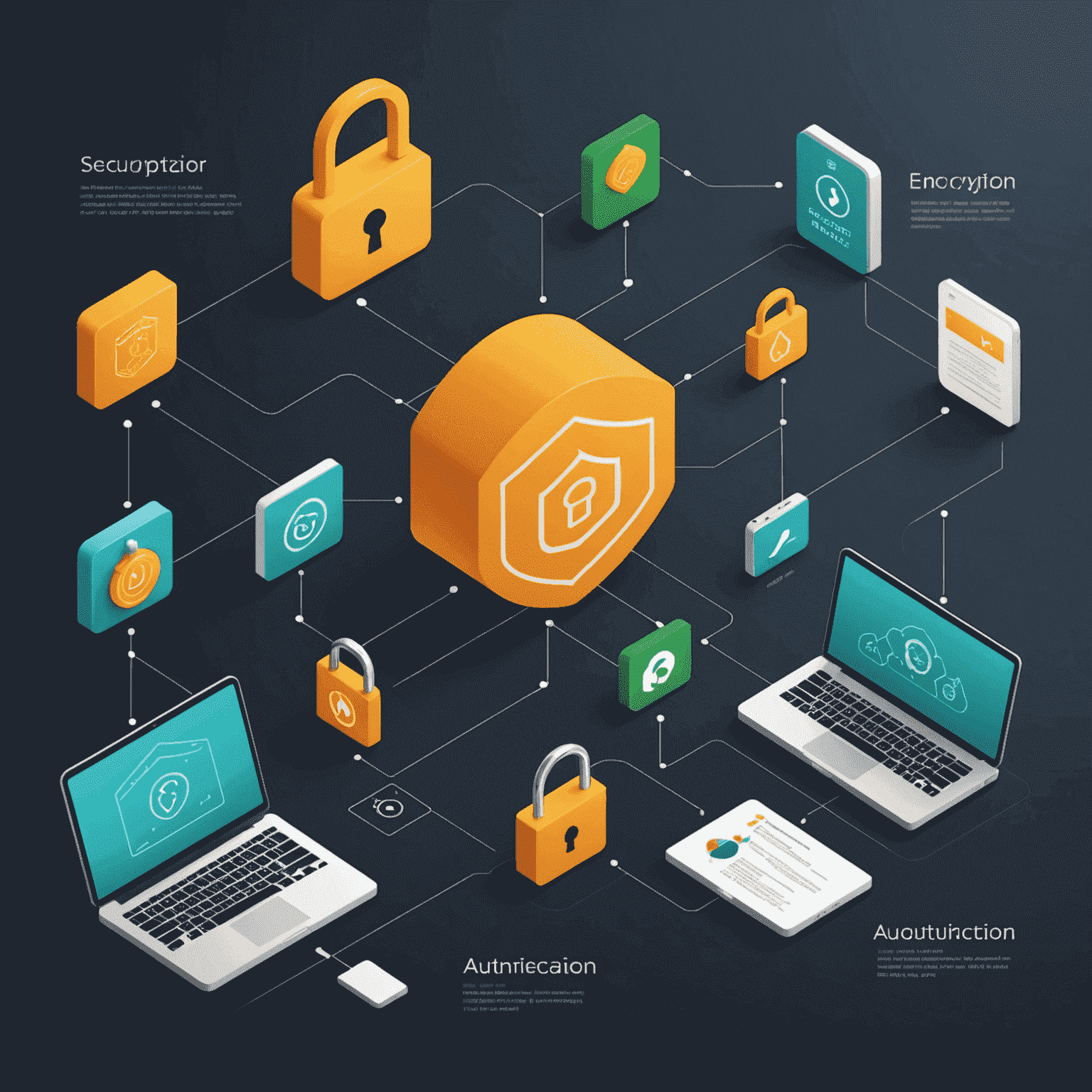 Illustration of a secure transaction process with encryption, authentication, and data protection measures