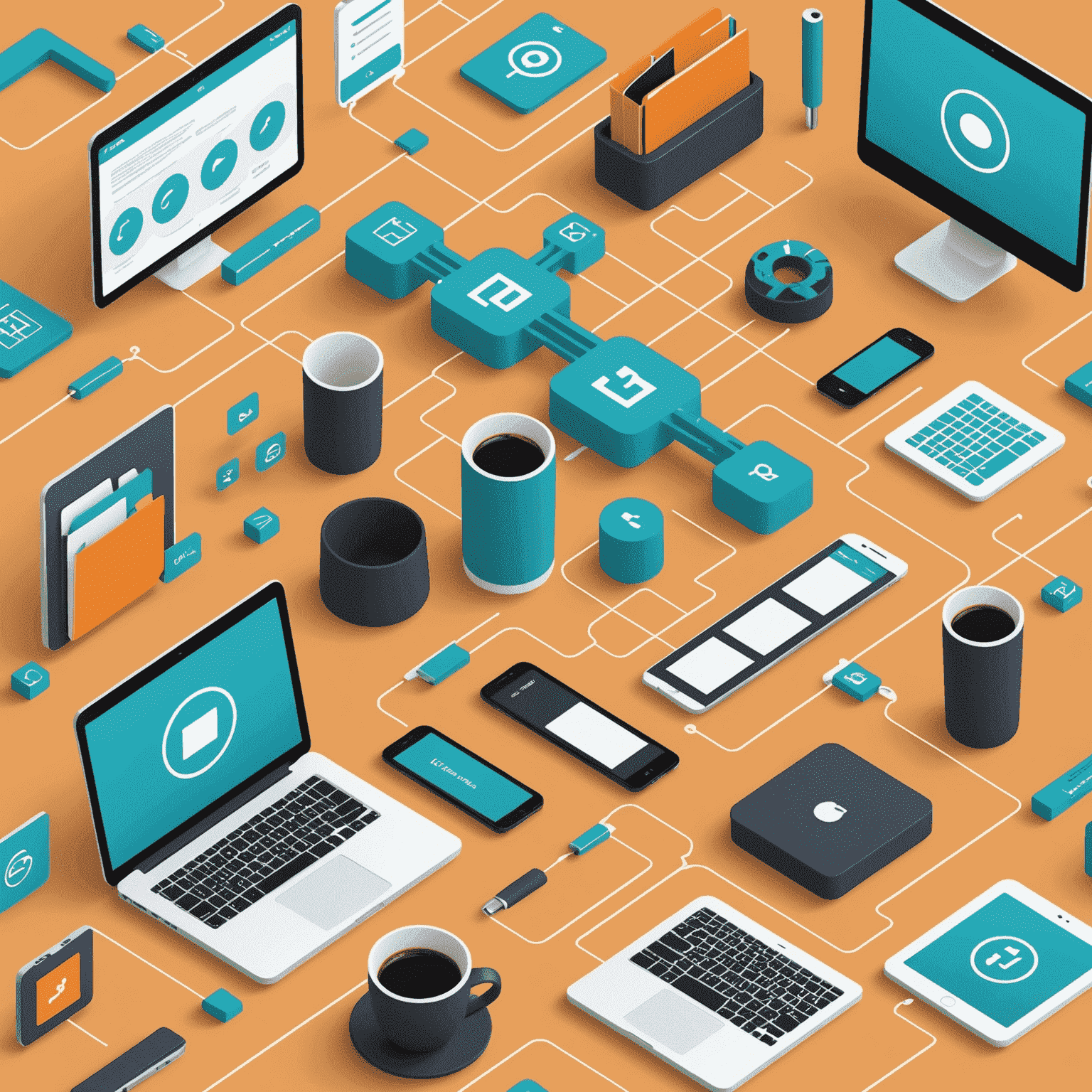 Illustration showing various business tools and platforms connected to Ffeerolls, representing seamless integration and efficient workflow