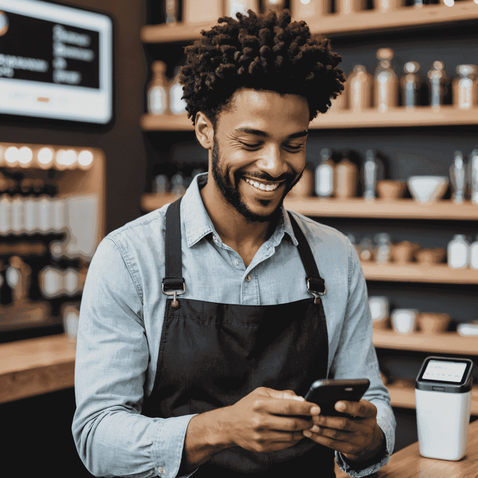 A business owner smiling while using a virtual POS on their smartphone